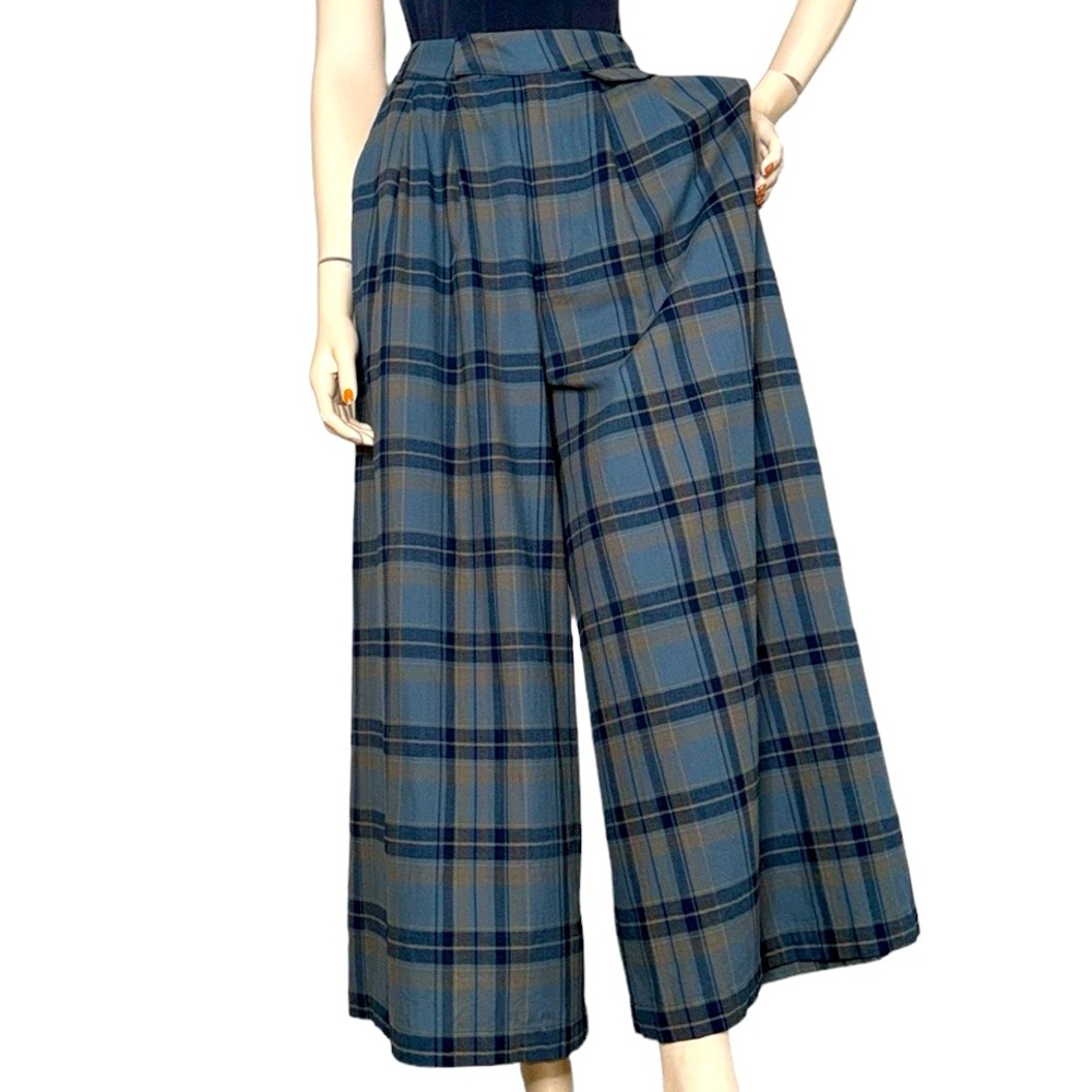 Anthropologie Blue Plaid Wide Leg Pants